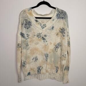 Pilcro Anthropologie Linen Blend Tie Dye Knit Sweater V-Neck Blue Cream Women XS